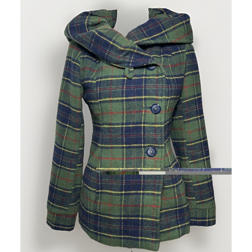 Urban Outfitters BDG Green Blue Plaid Wool Blend Coat Cowl Neck Collar Women's S